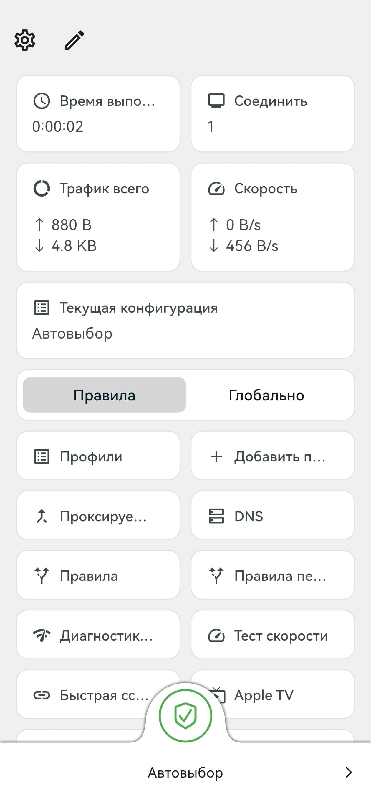 Установленное соединение в Karing на iOS