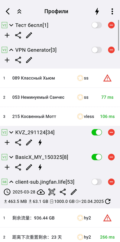 Список профилей Karing со значками статуса